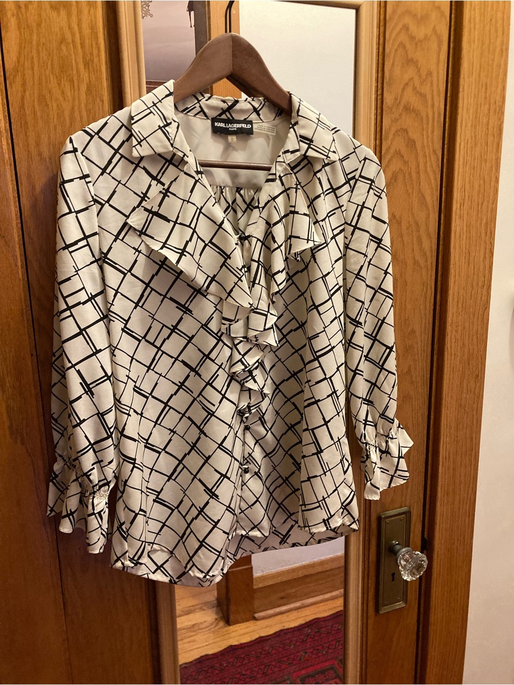 Karl Lagerfeld Paris Monochrome Grid Ruffle Blouse Dark Academia Size S